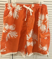 Ron Jon Surf Shop Swim Trunks Orange/White Hawaiian Floral Print Men's L Large