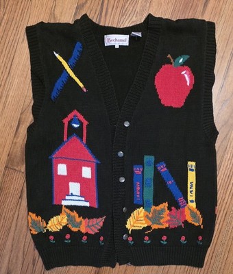 VTG 90s Bechamel School TEACHER FALL SWEATER VEST  Apple Knit Black Size Medium