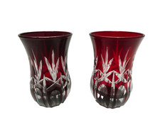 PAIR OF VINTAGE CUT GLASS RUBY RED OVERLAY ETCHED FLASH GLASS SMALL TUMBLER CUPS