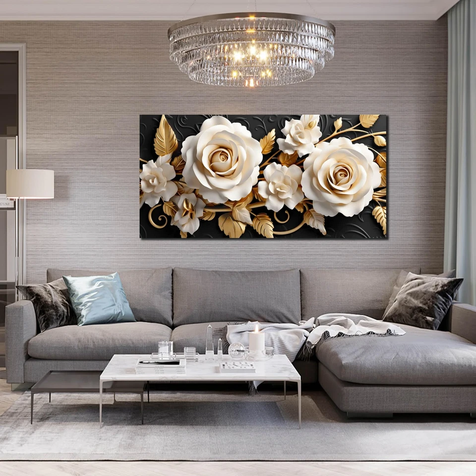 Arte de pared de lienzo grande con flores para sala de estar dormitorio hogar oficina blanco y listo... Foto 3 de 4