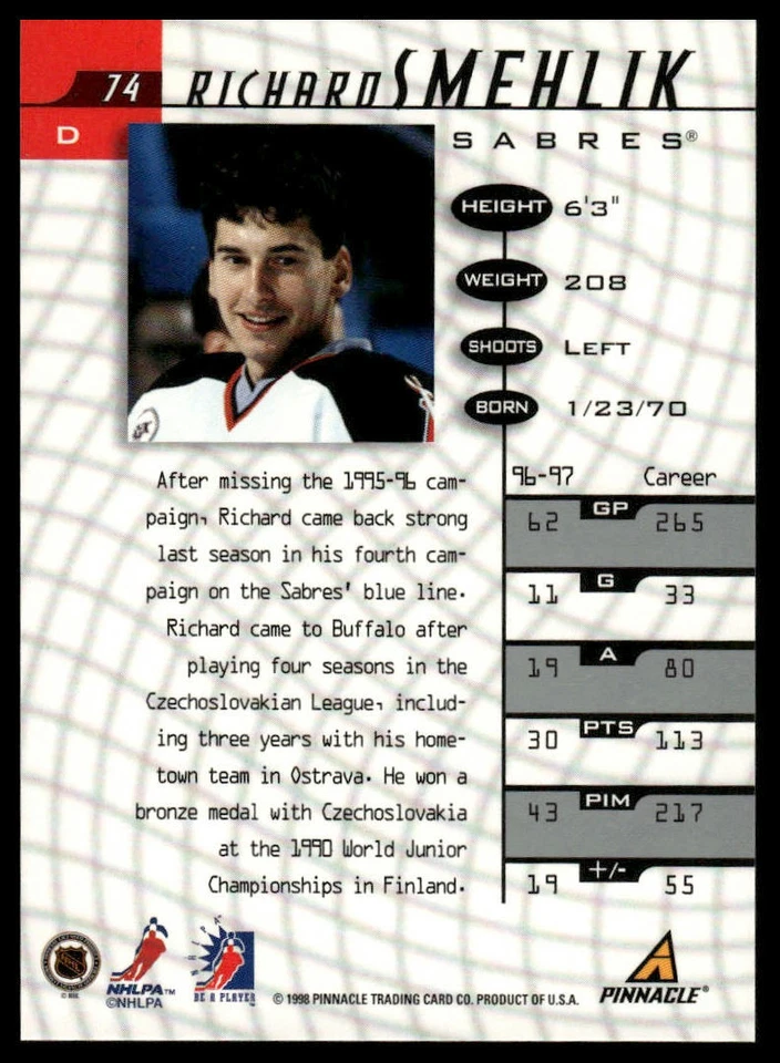 1997-98 Pinnacle Be a Player #74 Richard Smehlik Autographs - Image 2 of 2
