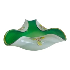 Vintage MCM Nasco Green Cased Glass Hand Painted Tri-fold Candy Trinket Dish