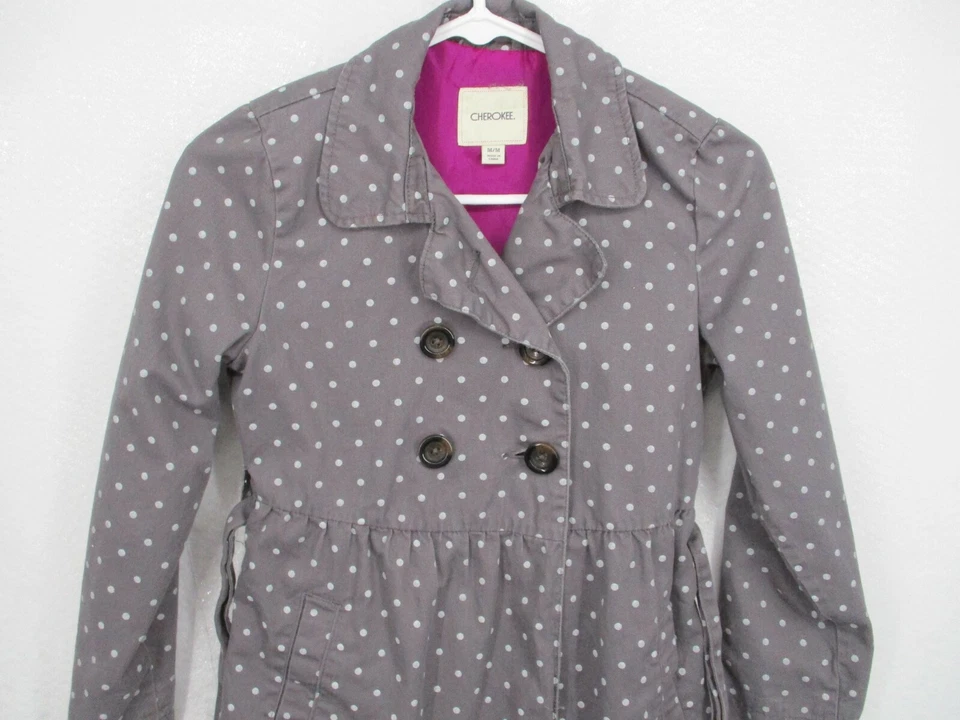 Cherokee Girl Coat Medium Gray Double Breasted Polka Dot Tie Waist Pocket Jacket - Image 3 of 4