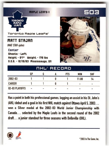 2003-04 In The Game Action Matt Stajan Rookie #503 Toronto Maple Leafs - Picture 2 of 2