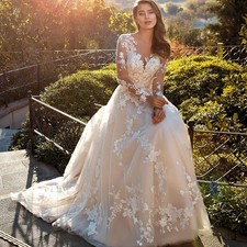 A-line Wedding Dresses For Bride Full Sleeves Court Train O-neck Lace Appliques