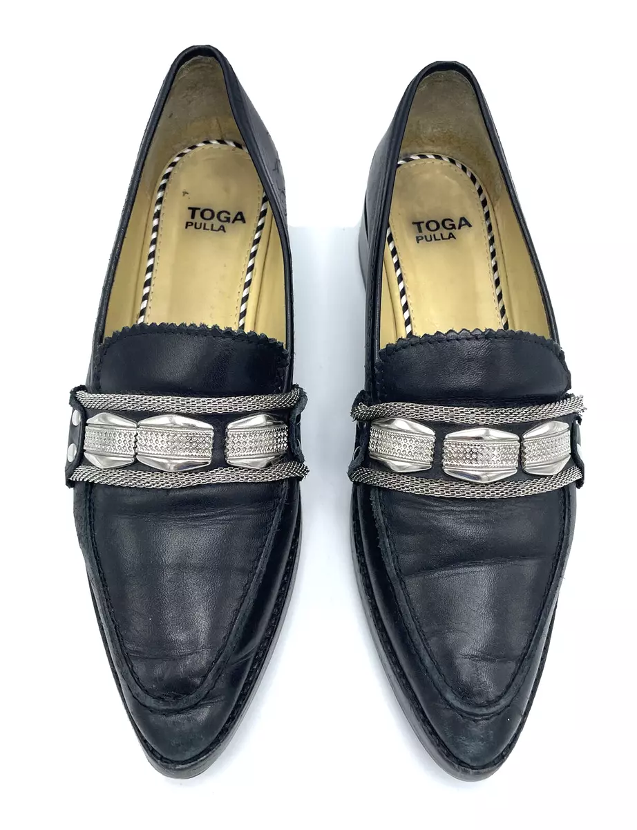 TOGA PULLA Womens 37 EU Black Leather Slip On Loafers Silver Tone Accents  0914G