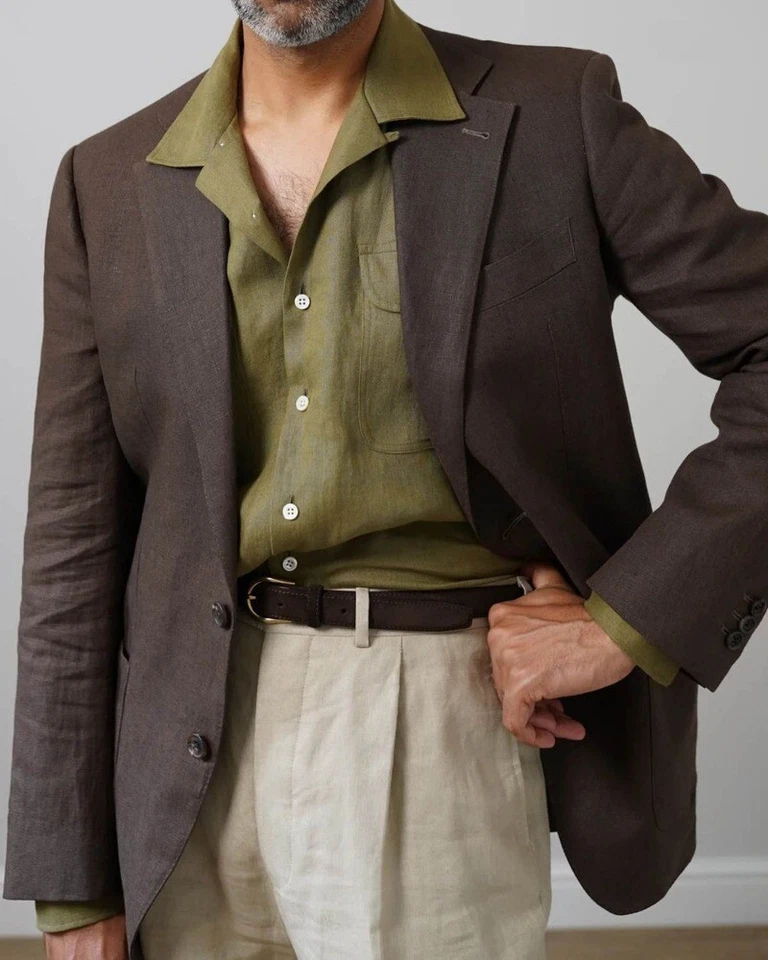 Men's Summer Coffee Linen Suits 2 Piece Regular Fit Wide Lapel Suits 42r 44r 46r - Image 3 of 4