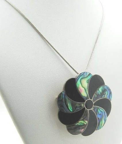 HERMOSO COLLAR BROCHE/COLGANTE DE PLATA ESTERLINA Y ABULÓN TAXCO ESTATE 16" - Imagen 2 de 6