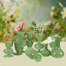 Set of 10 Mini Vases for Flowers - Ten Piece Small Glass Bud Vases - Green