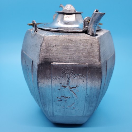Vintage Chinese Pewter Teapot Phoenix, Dragon, And Turtle Casting Brass Handle - Picture 4 of 11