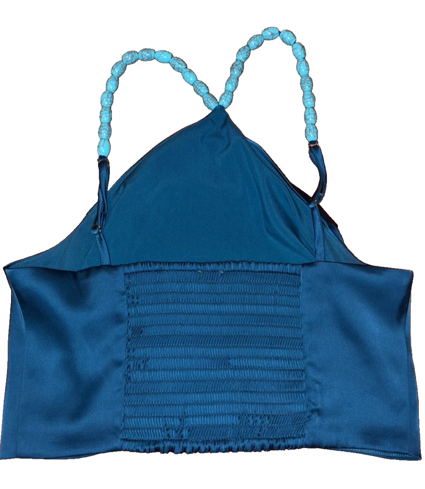 Sigrid Olsen Halter Neck Crop Satin Top Midnight Blue SMALL Smocked Turq Beads - Image 2 of 4