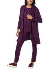 Nina Leonard Women's 3-piece Shawl Cardigan Tank & Pant Set Raisin