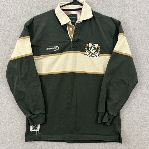 Lansdowne Rugby Shirt Mens S Green Ireland Quilted Shoulder Polo Rubber Buttons
