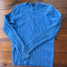 Vintage Ralph Lauren Sport Blue Cable-Knit Lambswool Crewneck Pullover Sweater M