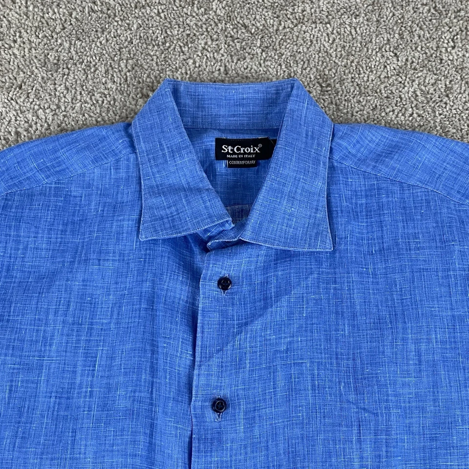 Camisa con botones St. Croix para hombre XL 100 % lino azul trabajo oficina preppy Italia A2 Foto 3 de 4