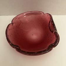 Stunning Murano Art Glass Ashtray Dish Cranberry Bubbles Bullicante