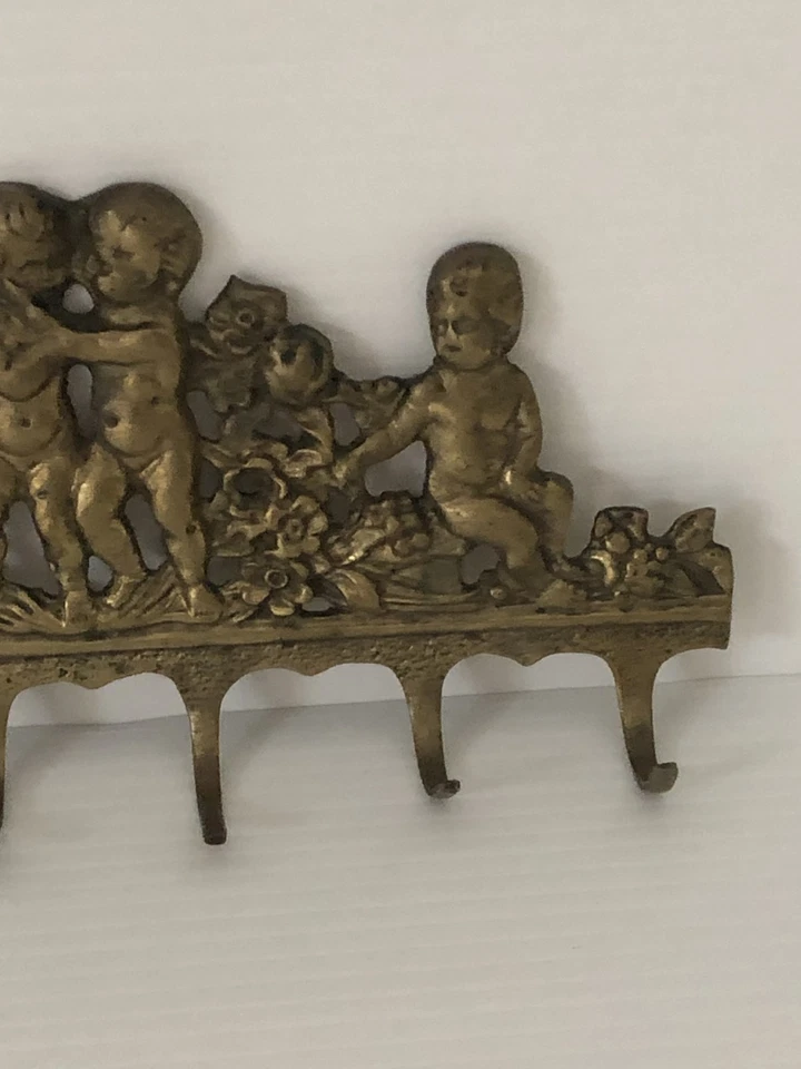 Vintage Brass Key Holder Cherubs Flowers 6 Hooks 22cm Long Wall Mount - image 4 of 4