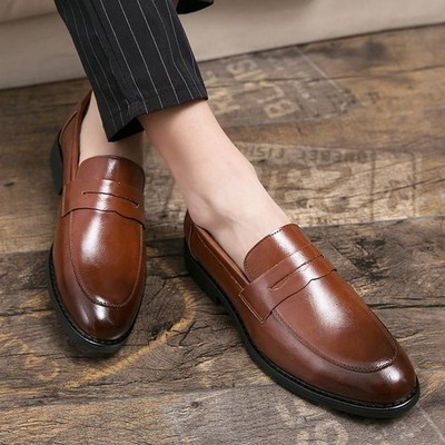 Hand Crafted Classic Brown Leather Penny Loafer with Black Sole