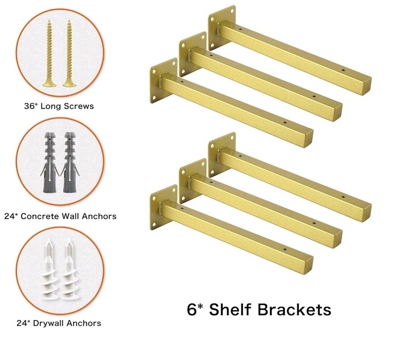 6 Pack Gold Metal For 3 Floating Shelves 8 Inch Heavy Duty Wth Screws New Opn Bx