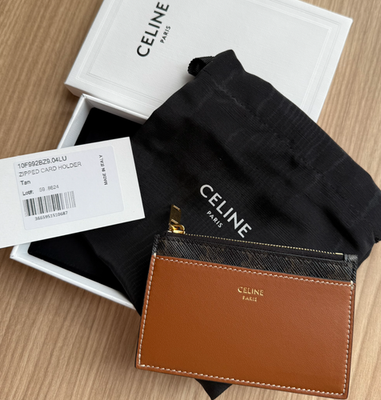 NEW CELINE Triomphe Zipped Card Holder Coin Case Purse Tan Leather