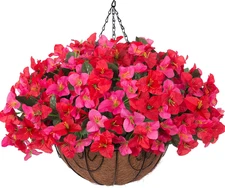 Artificial Fake Hanging Flower Plants Basket for Outdoors Decoration, Faux Silk