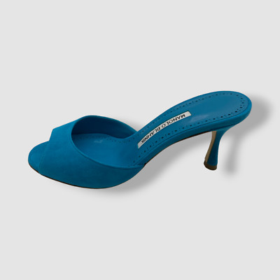 $745 Manolo Blahnik Women's Blue Jada Suede Mule Slide Sandal Shoes Size 36