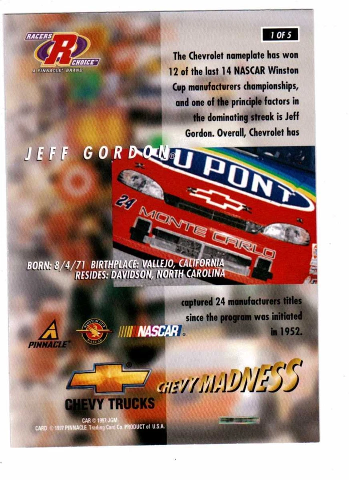1997 Pinnacle Racers Choice Chevy Madness 5 Jumbo Card Set Gordon Earnhardt - Image 3 of 4