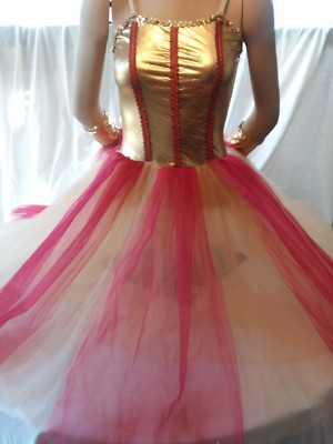 ballet costume long tutu cranberry gold with arm puffs and hair piece