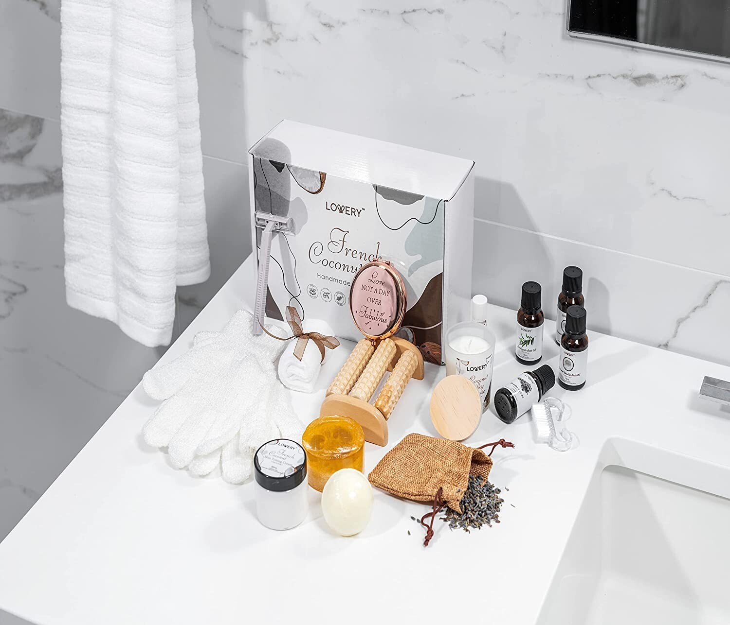 Bath Gift Set, 20pc French Coconut Aromatherapy Spa Gift Basket for Women & Men