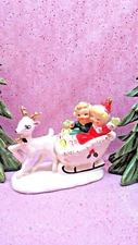 Vtg UCAGCO Reindeer Holly Berry Christmas Sleigh With GIFTS and WAVING Children