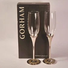 Gorham Razzle Dazzle Champagne Flute Pair Clear Glass Silver Stem 8oz Open Box