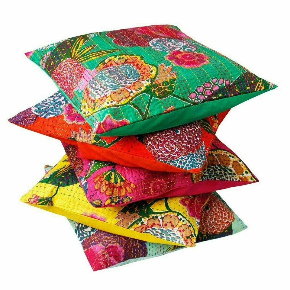 10 PC INDIAN CUSHION PILLOW COVER THROW Kantha Ethnic Floral Handmade Decor Art - Image 4 of 4