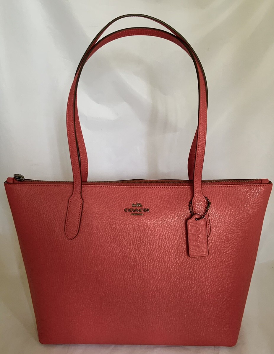COACH 4454 Crossgrain Leather Zip Top Tote Gunmetal QB/Miami Red