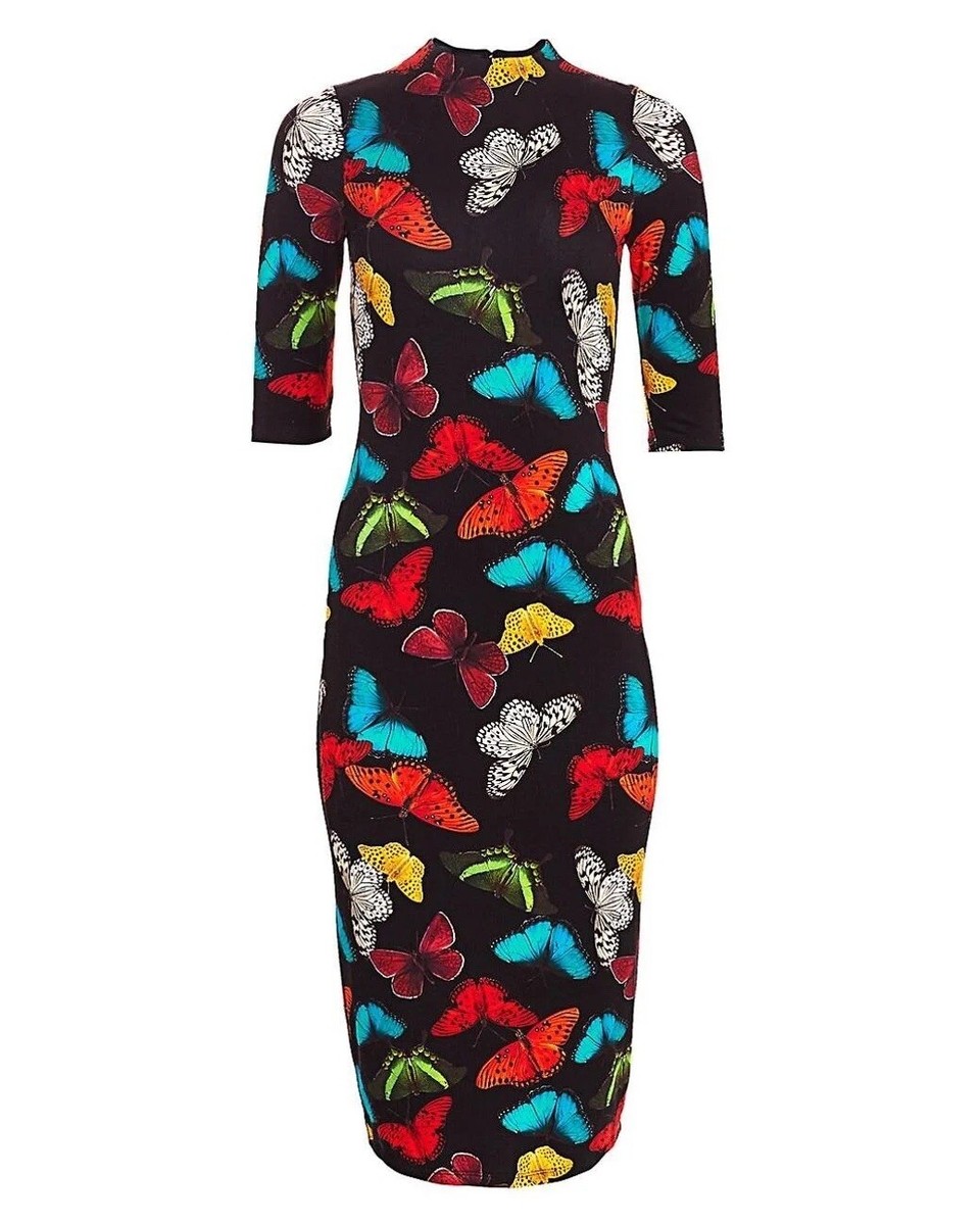 【Alice+Olivia】DELORA 七分袖 モックネック 膝下丈 ワンピース Alice + Olivia Delora butterfly Print Sheath Knee length