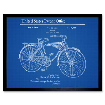 Schwinn Fahrrad Design 1939 Patentplan Wandbilddruck gerahmt 12x16