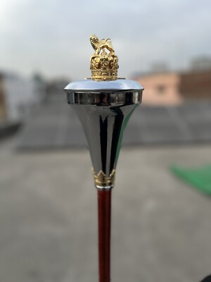 Drum Major Mace Stave & Stick Chrome Flat Head with Gold Lion - 3 Parts
