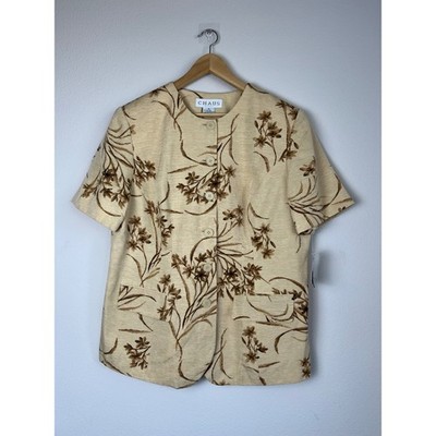 VTG Chaus Silk Linen Floral Jacket Blazer 16 Beige Short Sleeve Career Teacher