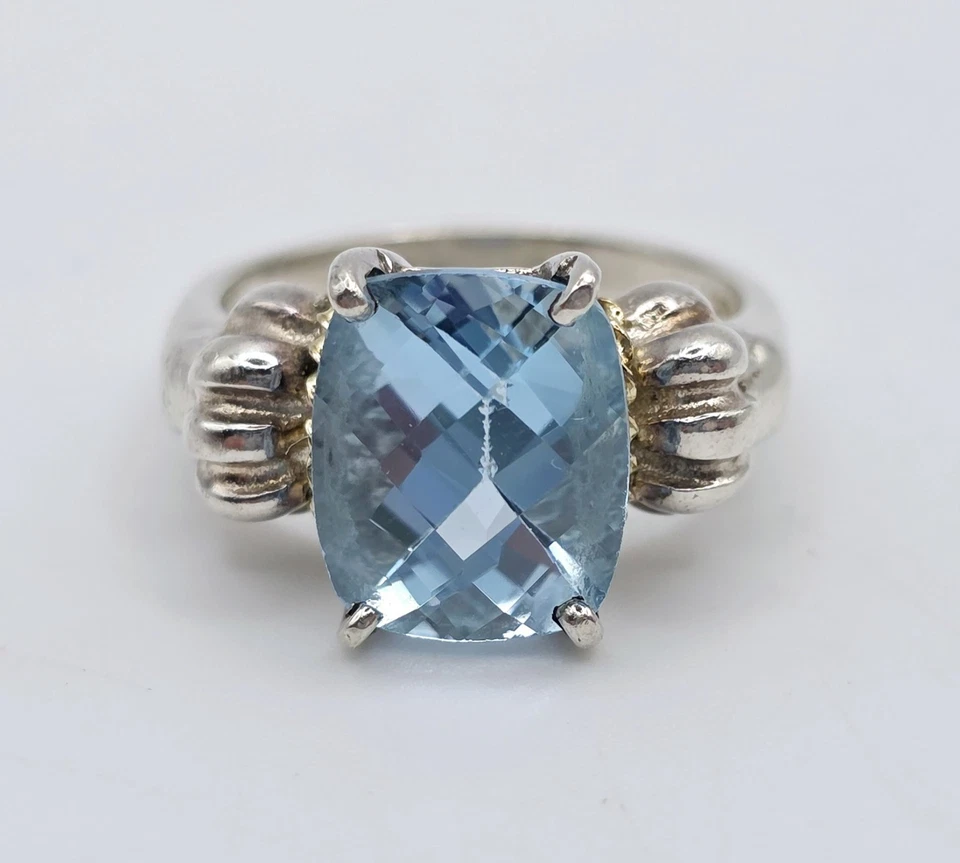 Anillo Topacio Azul Oro 18k Plata Esterlina Vintage Talla 7.25 Cóctel Foto 2 de 4