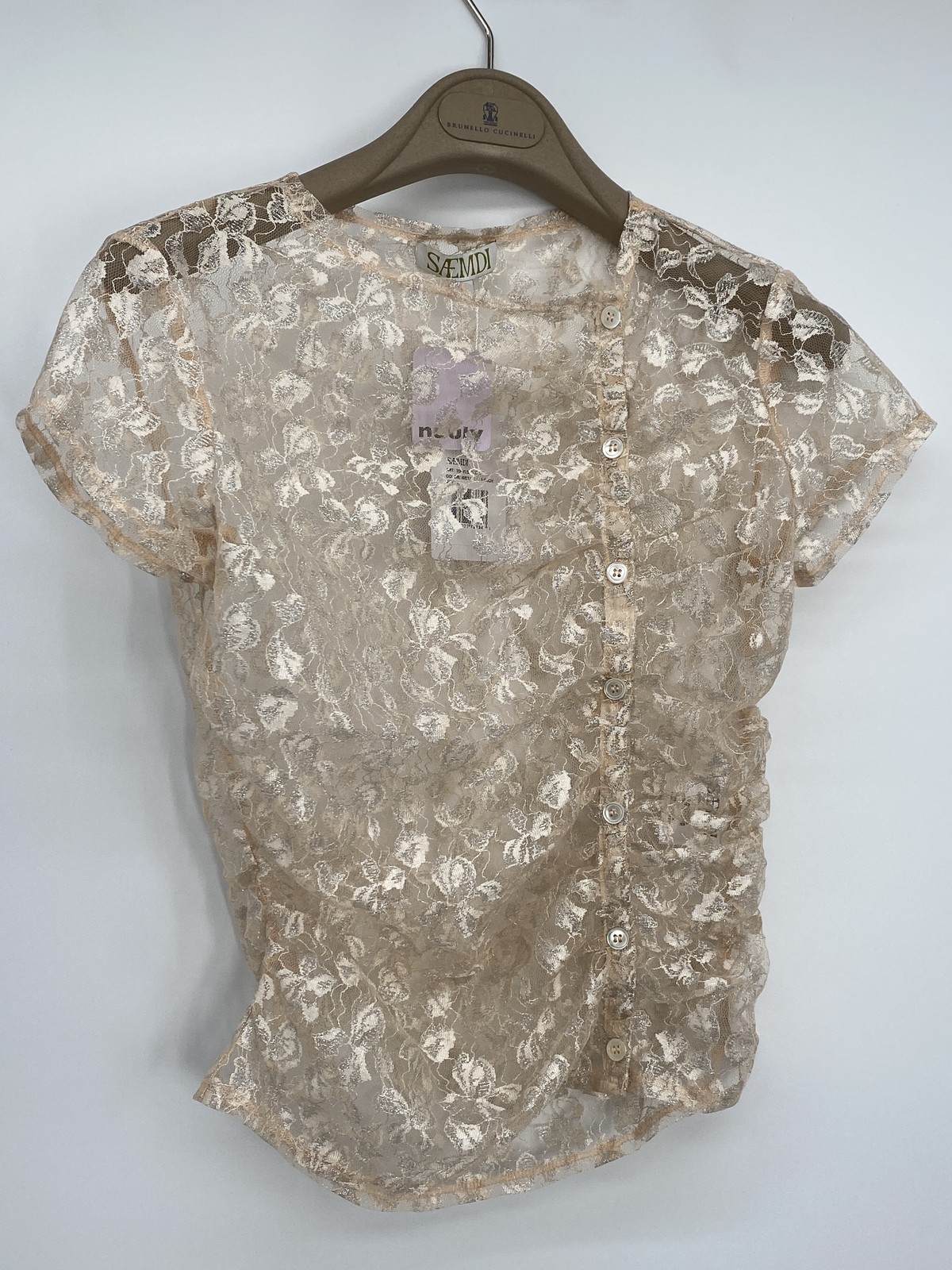 Saemdi Womens Lace Top Metallic Pink Size S Translucid Short Sleeved Buttoned