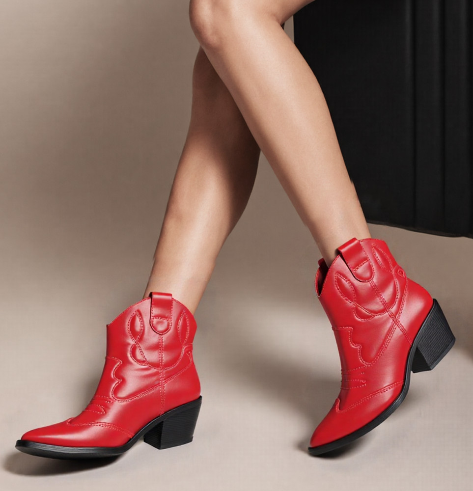 Soda Women Ankle Boots Western Cowboy Block Heel Stitched Booties INCITY-S White image 6
