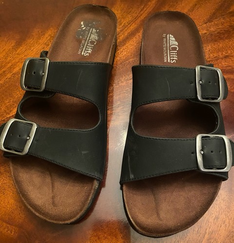 Cliffs by White Mountain Women Black Double Buckle Slide Sandals Sz 9M Preowned