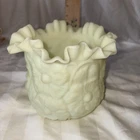 Fenton Uranium custard satin lime green Ruffled VASE with poppies vintage