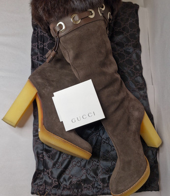 Gucci Long Brown Suede Boots Fur Trim Good Condition Sz EU34.5 US4.5 Rubber Sole