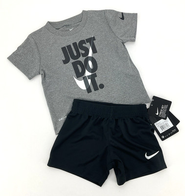 Nike Boys Dri-fit Gray T-Shirt & Black Shorts Set Just Do It Graphic Size 12M