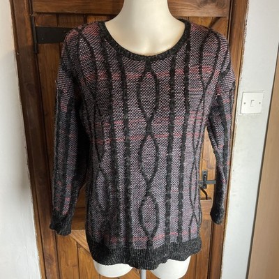 Markenloser schwarzer Damen-Strickpullover mit mehreren Streifen Größe L hergestellt in UK