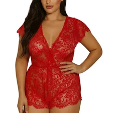 Seven 'til Midnight Red Lace Lingerie Bodysuit L One Piece Sheer Stretch Sexy
