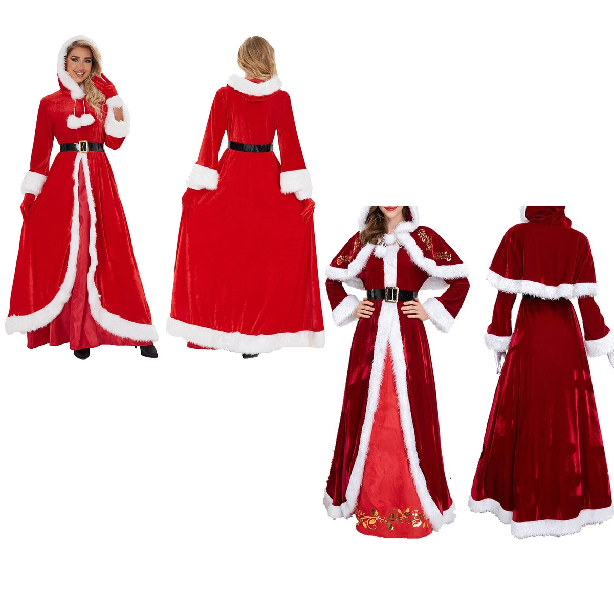 Womens Santa Claus Costume With Belt Christmas Outfit White Trim Dress  Velvet