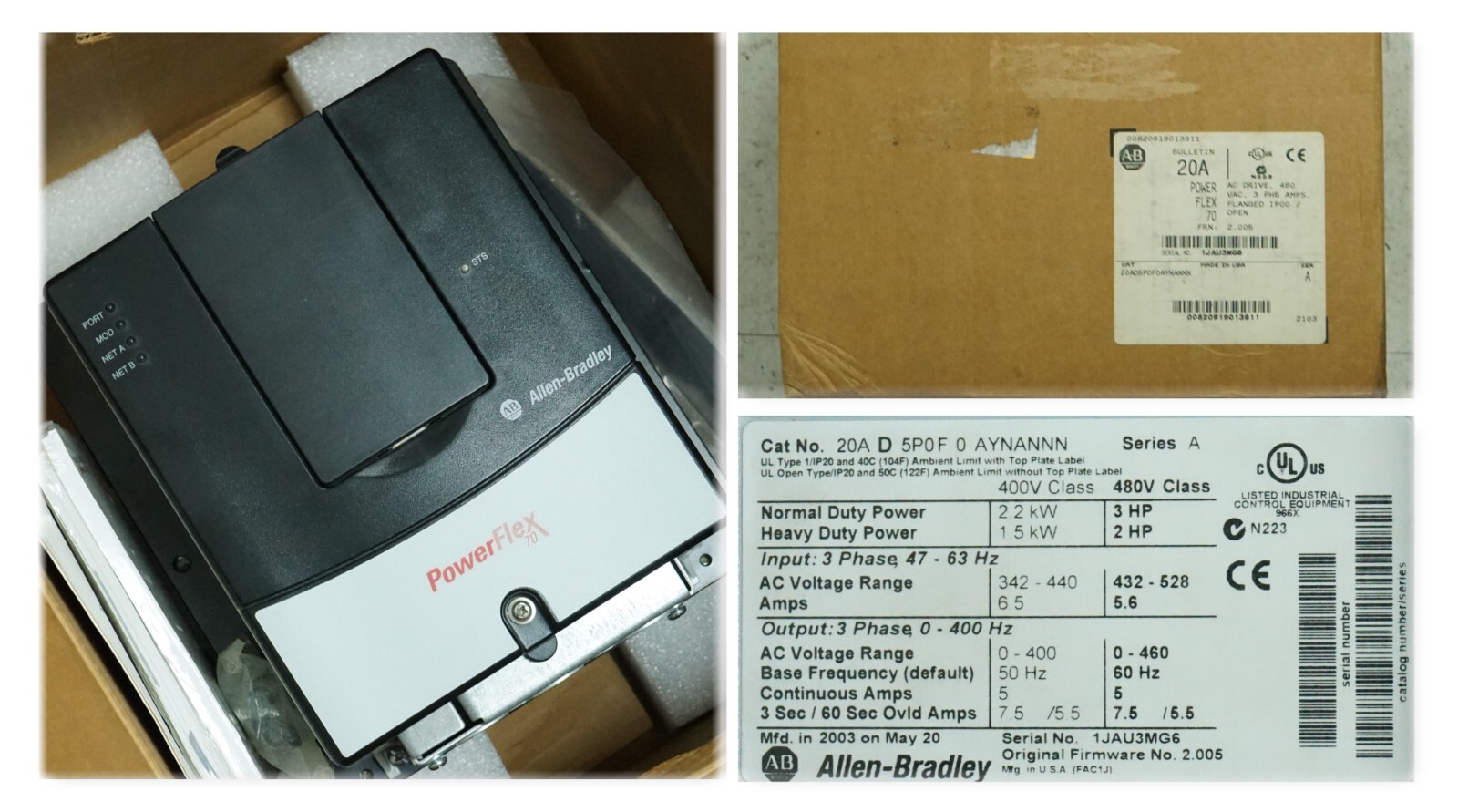 Allen-Bradley 20AD5P0F0AYNANNN PowerFlex 70 3 HP 480VAC FRN:2.005 New