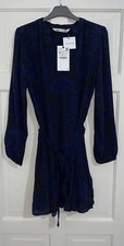 ZARA BLUE BLACK FLORAL PRINT SLOT COLLAR BELTED DRESS WITH RUFFLED HEM SIZE M