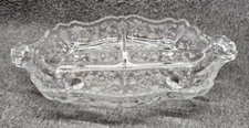 VINTAGE Floral Footed Divided Serving Relish Tray Handles Etched Glass Swirls